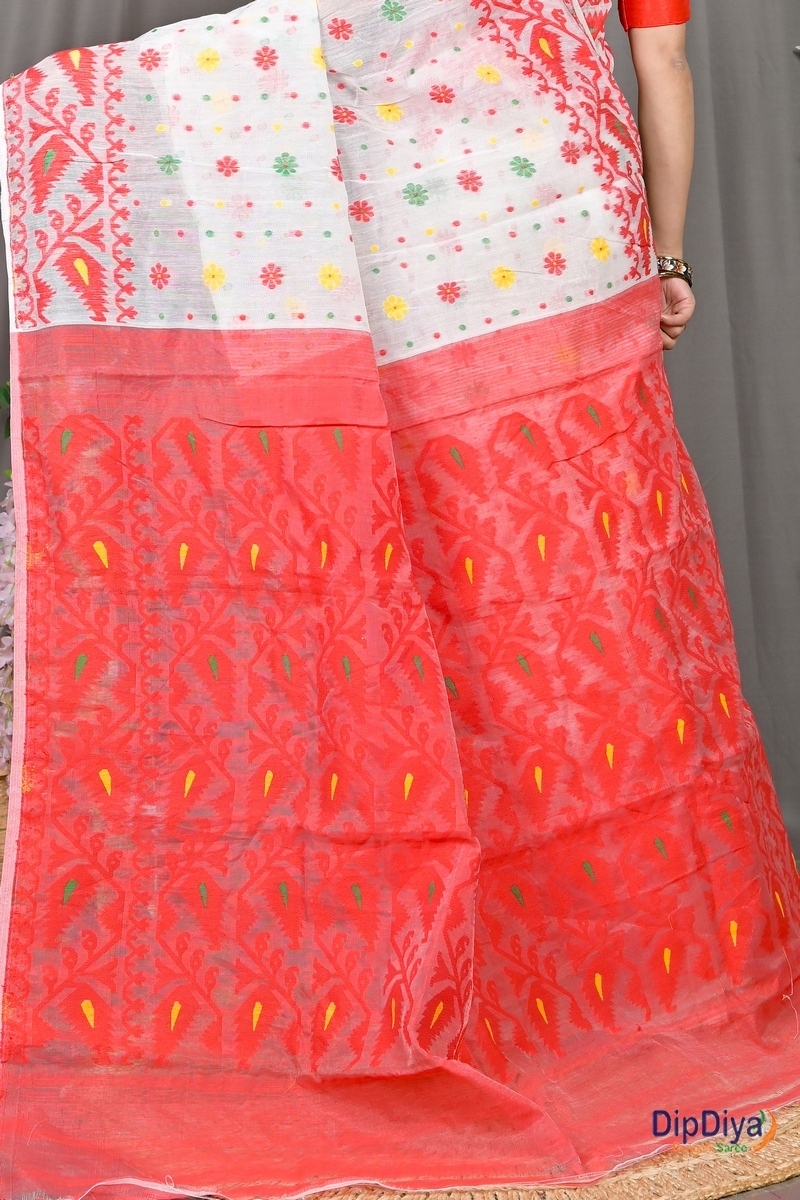 White Red Cotton Silk Parmix Hand Loom Saree (365)